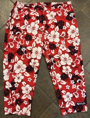BACARDI  PUERTO RICO  Red & White Hibiscus Capri Pants - Made In Hawaii, Sz XL