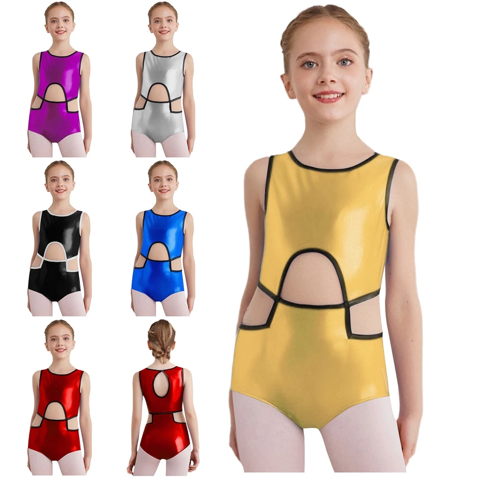 Kids Girls Bodysuits Ballroom Unitards Metallic Leotard Dancewear Keyhole Back - Image 4 of 4