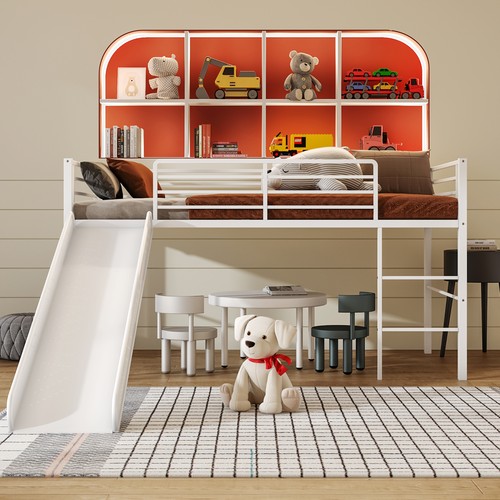 Twin Metal Loft Bed with Slide Guardrails Built-in Ladder Low Bed Frame White - Picture 4 of 9