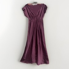 Vtg Miss Elaine Purple Satin Maxi Nightgown Large V Neck Flutter Sleeves