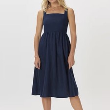 Quince Navy Blue 100% European Linen Flare Sleeveless Midi Dress Size XL Pockets