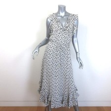 Zimmermann Ruffled Tie-Belt Midi Dress White/Black Floral Print Silk Size 2