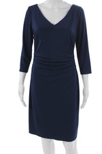 David Meister Women Sheath Dress Blue V-Neck 3/4 Sleeve Polyester Size 8