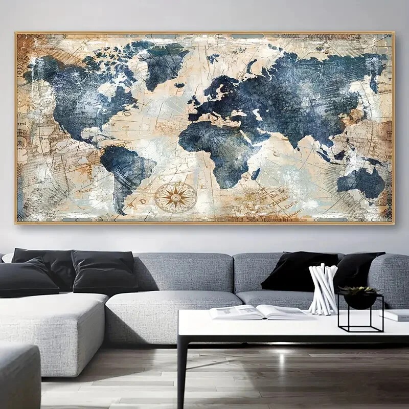 A+ Abstract World Map Canvas Painting Poster Living Room Home Decor