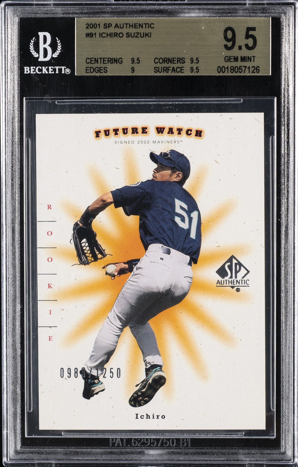 2001 SP AUTHENTIC #91 ICHIRO SUZUKI /1250 ROOKIE RC BGS 9.5