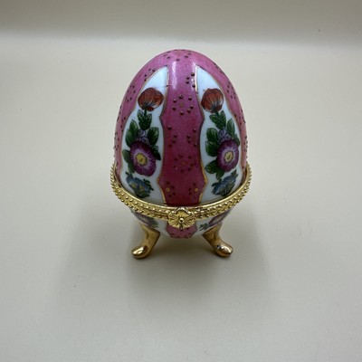 #N15- Egg Shaped Pink & Gold Ceramic 3 Legged Hinged Jewelry Trinket Box