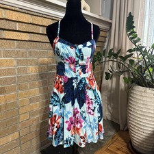 Express Women’s Tropical Resort Floral Dress Small Pockets Beach Fit And Flare