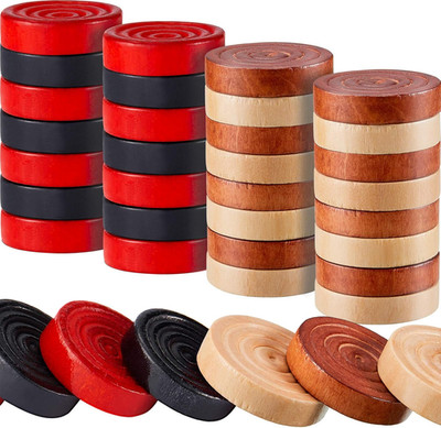48 Pieces Wooden Checkers 1.06 Inch Wooden Checkers Pieces with Stackable Ridge
