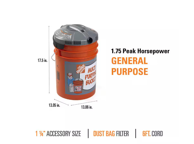 Bucket Head 5 Gal. 1.75 Peak HP Wet/Dry Vac Powerhead w/ Filter Bag & Hose