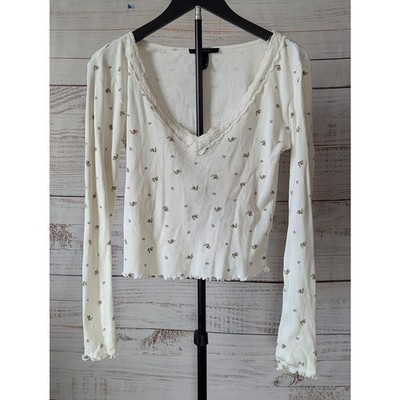 Forever 21 Ditsy Floral Crop Top White Lace Trim V-Neck Ribbed Y2K Cottagecore L