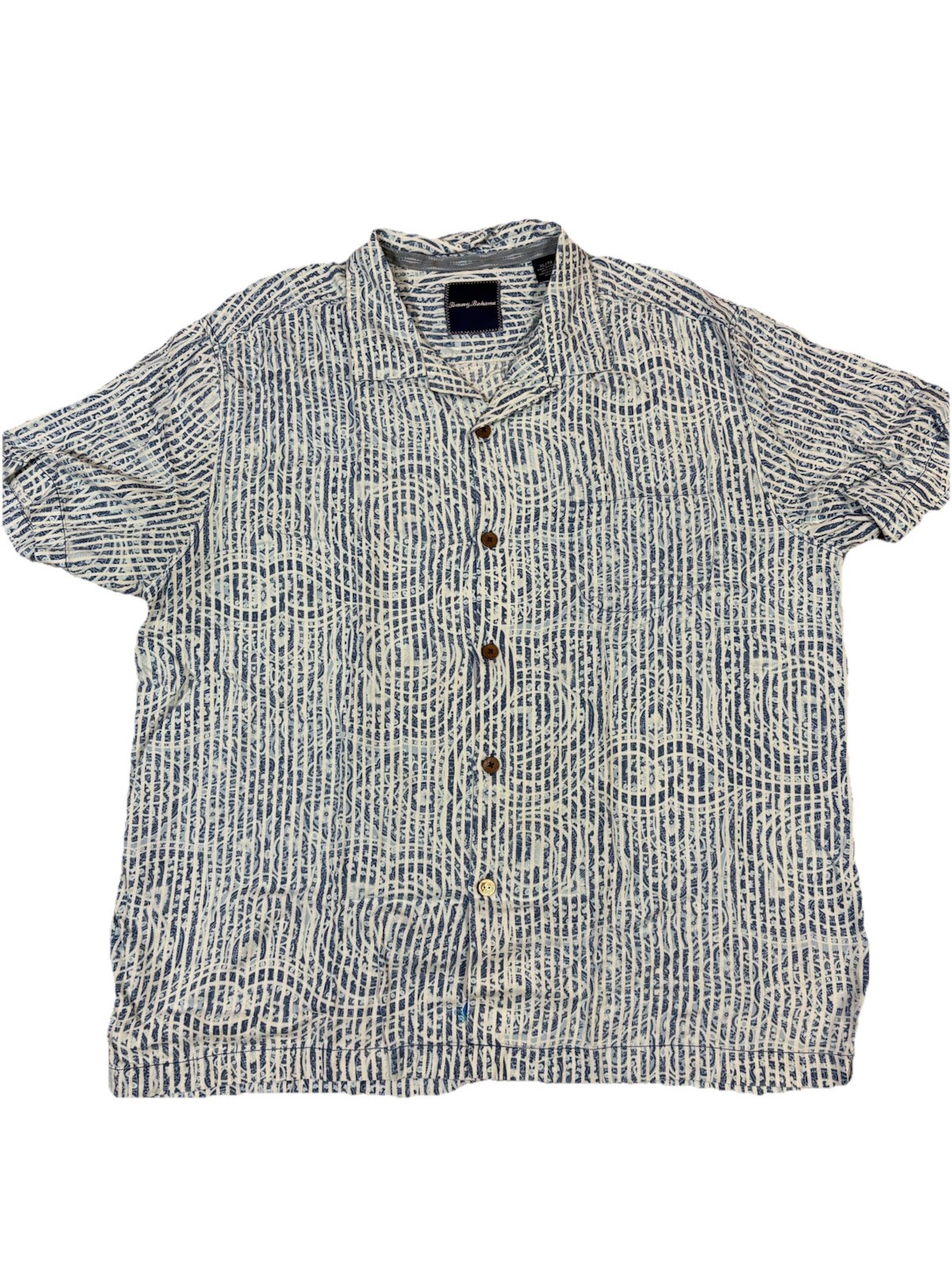 Tommy Bahama Silk Camp Shirt Men's XL Blue White Abstract Geometric Print