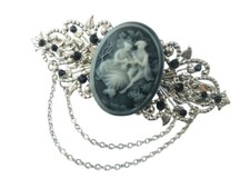 Große Haarspange im Antik Stil mit Kamee mit Pärchen anthrazit silberfarben