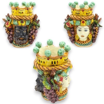 Janus Two-Faced Kopf Mit Zwei Gesichtern Keramisch Caltagirone H 21 CM Ca. Mit
