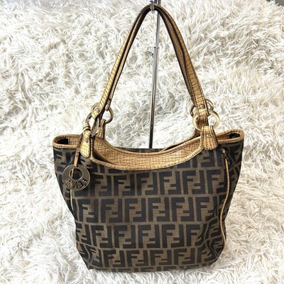 FENDI Zucca Shoulder Bag Tote Bag FF Pattern Charm Brown Camel  