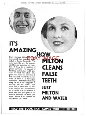 1929 Reklame MILTON Antiseptikum Falsche Zähne Reiniger (6) Zahnersatz Druck Anzeige 741/107
