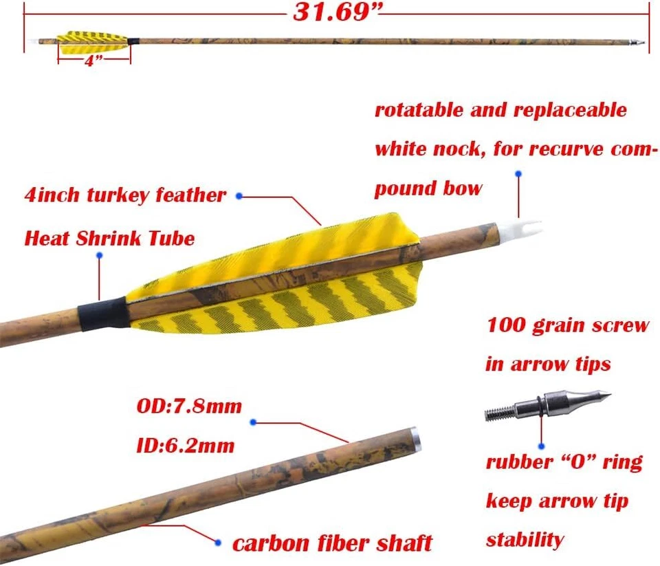 30" Carbon Arrows SP500 4" Turkey Feather Archery Screws Tips Points Bow Hunting - Image 2 of 4
