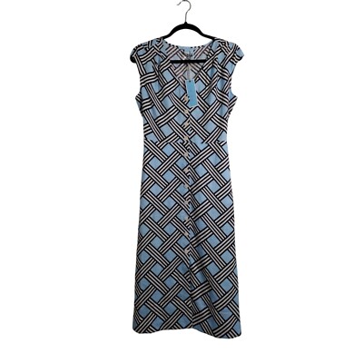 NWT Draper James Linen Blue White Lattice Button Down Midi Dress Women's Small