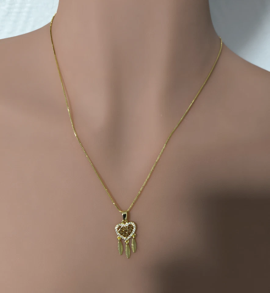 Collier - Femme - Pendentif - Coeur - Attrape Rêve - Plaqué Or Jaune 585/1000 - Photo 4/4