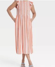 A New Day Women's Sleeveless Smocked Dress Orange White Stripe Size XS