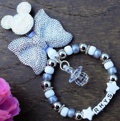 Silver bow Grey beads baby girls boys 