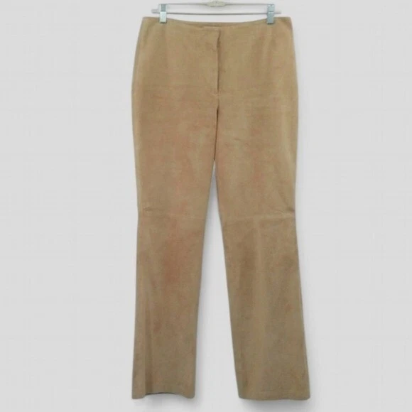 Pantalones de gamuza de cuero para mujer APOSTROPHE 10 beige pierna recta forrados cremallera y gancho Foto 2 de 4