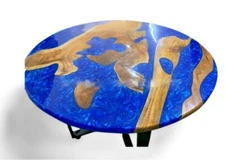 Live Edge Wooden Round Ocean Blue Epoxy Table Top Handmade Resin River Furniture
