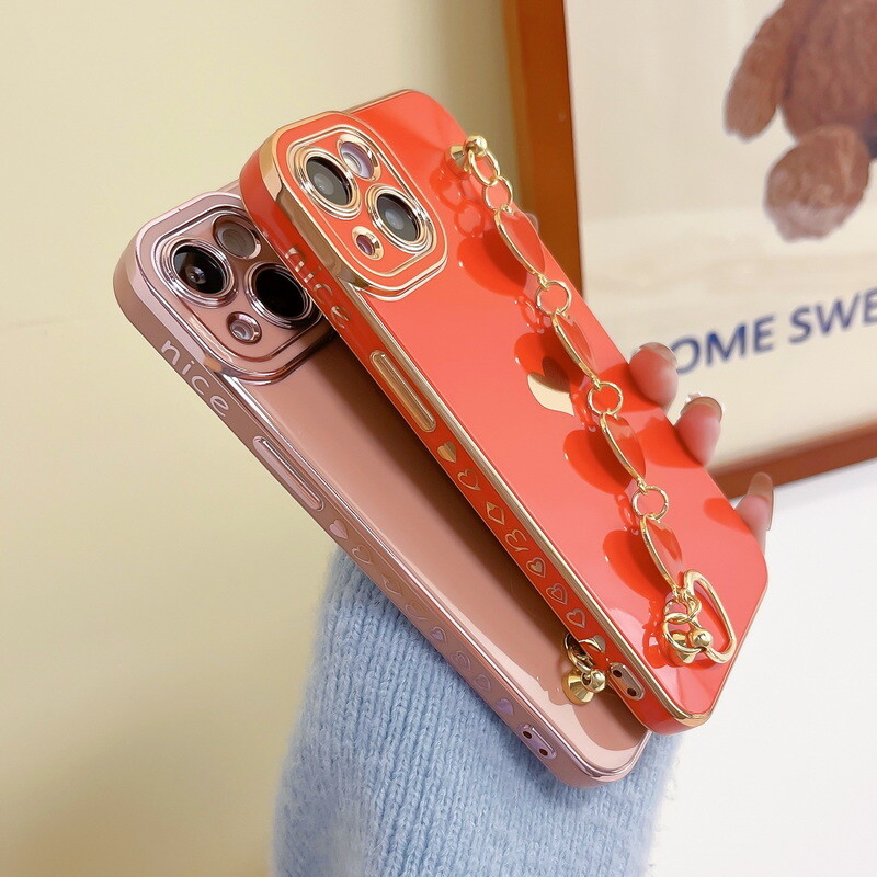 TACOMEGE Metall-Handyhaltegurt Für IPhone 12-15 (Gold) - Herz-Design, Klebefrei, Kabellos Ladefähig
