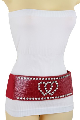 Women Red Elastic Wide Belt Hip High Waist Silver Heart Love Friendship Size S M - Picture 16 of 23