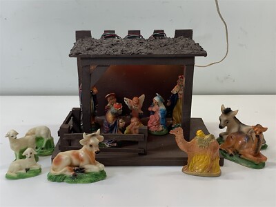 VINTAGE ITALIAN NATIVITY SET WOOD MANGER CRECHE PAINTED PORCELAIN/RESIN 14PCS