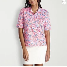 Stella Parker FLORAL Paisley POLO Golf TENNIS Short Sleeve Shirt Blouse MD NWT