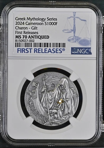 2024 REPUBLIC OF CAMEROON 1 oz SILVER-Charon- Gilt NGC MS70 Antiqued FR