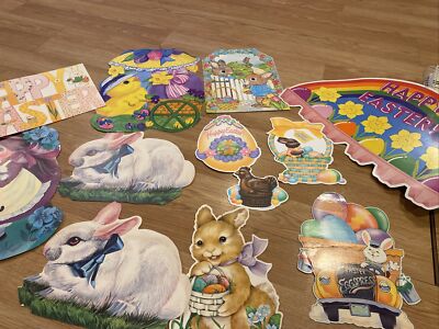 Lot Of 12 Vintage Easter cutout decorations - Chocolates, Bunnies, Chicks Etc