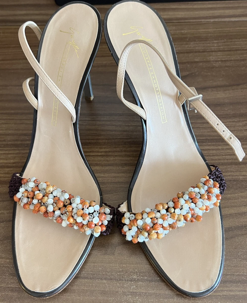 Giusepee Zanotti Vicini Leather Strappy Sandals Heels Beads Orange White Size 41