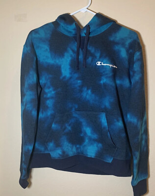 Womens Champion Tie Dye Hoodie Sweatshirt Blue Turquoise Medium