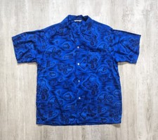 Vintage 60s Hawaii Map Vibrant Blue Short Sleeve Button Up Shirt Size Medium
