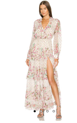 Rococo Sand Vie Long Sleeve Tiered Metallic Lace Slit Rose Floral Maxi Dress L