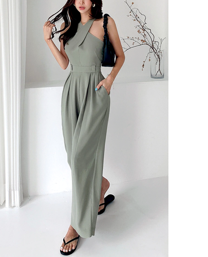 JUMPSUIT TUTA PANTALONE PALAZZO MANICA CORTA ELEGANTE ABITO GRIGIO CAVIGLIA  | eBay