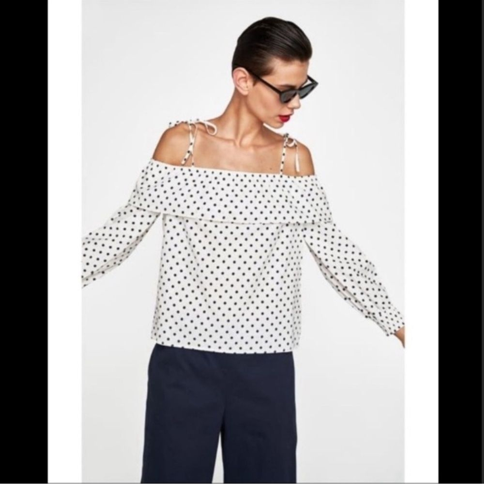 ZARA White & Black Polka Dotted Off The Shoulder Linen Blended Blouse Sz Sm NEW image 3