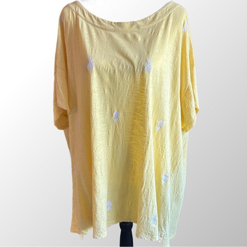 Kim Rogers Top Women's 3X Yellow & White Embroidered Pineapple T Shirt Relaxed