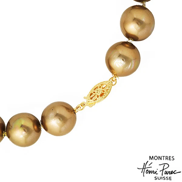 COLAR DESIGNER CONCHA REAL 11 MM BOLA PÉROLA MARROM DOURADO OURO AMARELO 14K - Imagem 2 de 2