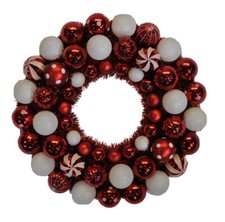 18" Red and White Candy Collection Ornament Ball Wreath