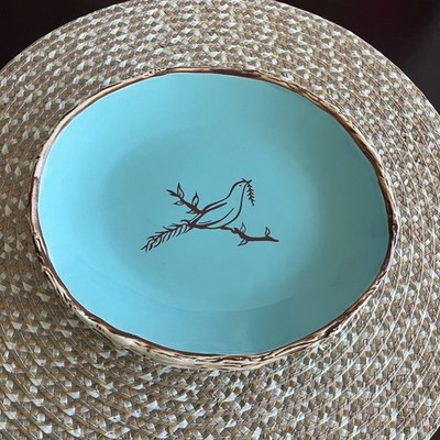 Jeremie Stoneware Aqua Oval Bird Branch Nest Shape Luncheon Salad Dessert Plate