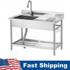 47x22x37 in Stainless Steel Utility Sink Freestanding Left Bowl Right Drainboard