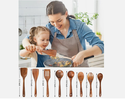Wooden Spoons for Cooking, Kitchen Utensils Set, Natural Teak wood