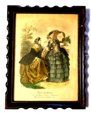 VTG French Fashion Print Miroir Des Modes Anais Civil War Dress 12x9" Wood Frame
