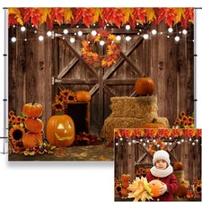 10x8ft Fall Thanksgiving Photography Backdrop Autumn Wood Barn Door Pumpkin