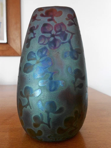 New ListingWeller Sicard Iridescent Blue Arts and Crafts  Art Pottery Vase Triangular Shape