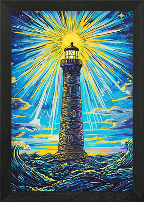 Leuchtturm Meer leuchtendes Licht gerahmtes Wandbild Poster Leinwanddruck Bild