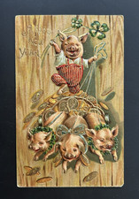 1908 Embossed New Year Postcard Pigs Coins Brown Green Red Paper Vintage
