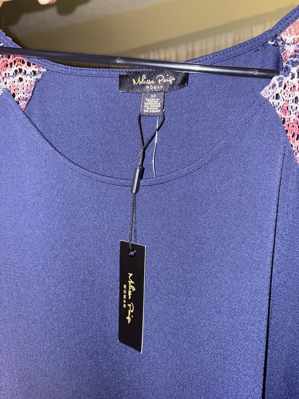 Melissa Paige Women’s 2X Plus Blue Geometric Crochet Tunic Top 3/4 Sleeve